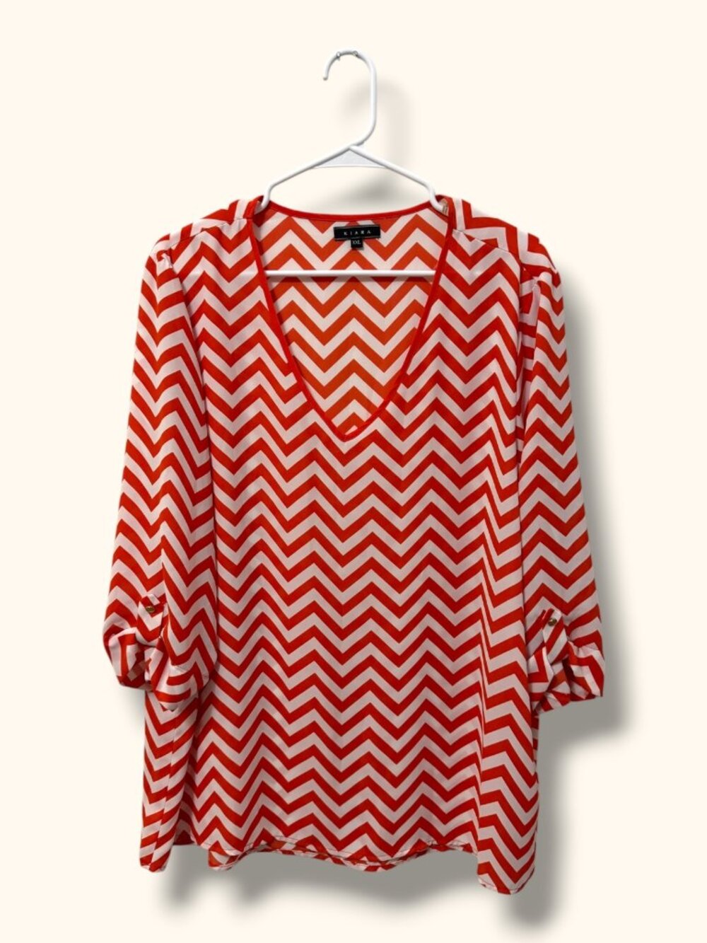 Kiara Blouse Womens 2XL Coral White Chevron V-Neck 3/4 Sleeve Tunic Relaxed Top